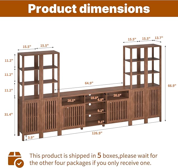 Farmhouse TV Stand for 70 inch TVs, Entertainment Center with Bookshelves - 6 Door Media Console with Adjustable Shelves, Storage Cabinet for Living Room Bedroom Home Theater, Rustic Brown