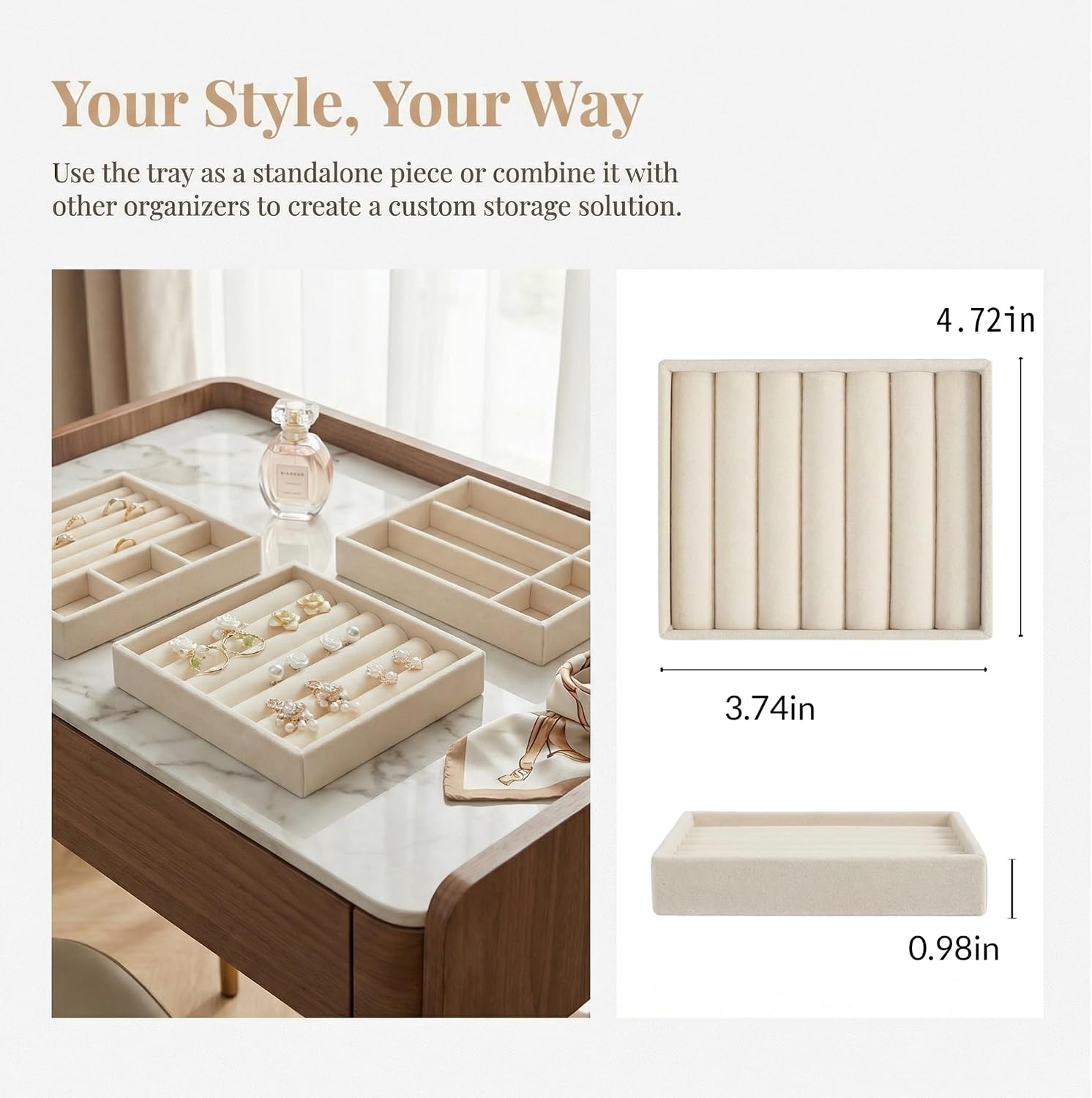 Ring Tray for Jewelry Storage Small Velvet Organizer Box with Inserts Dividers and Slots Mini Jewelry Display Trays with Earring Holder Insert Stackable Trays for Rings and Accessories