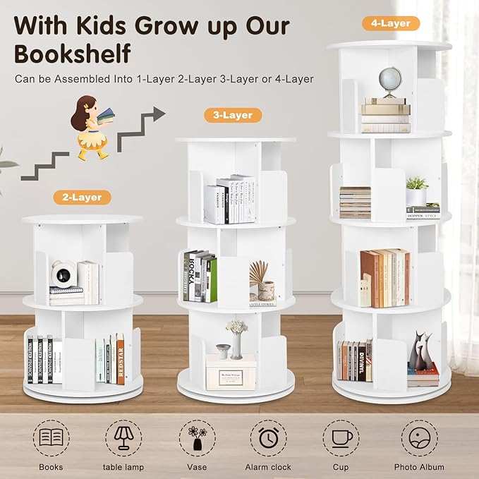 Rotating Bookshelf,Wooden Rotating Corner 4-Tier 360 Display Spinning Floor Standing Bookcase White Stackable Bookshelf Storage Rack Organizer for Small Space Bedroom Living Room Study Room
