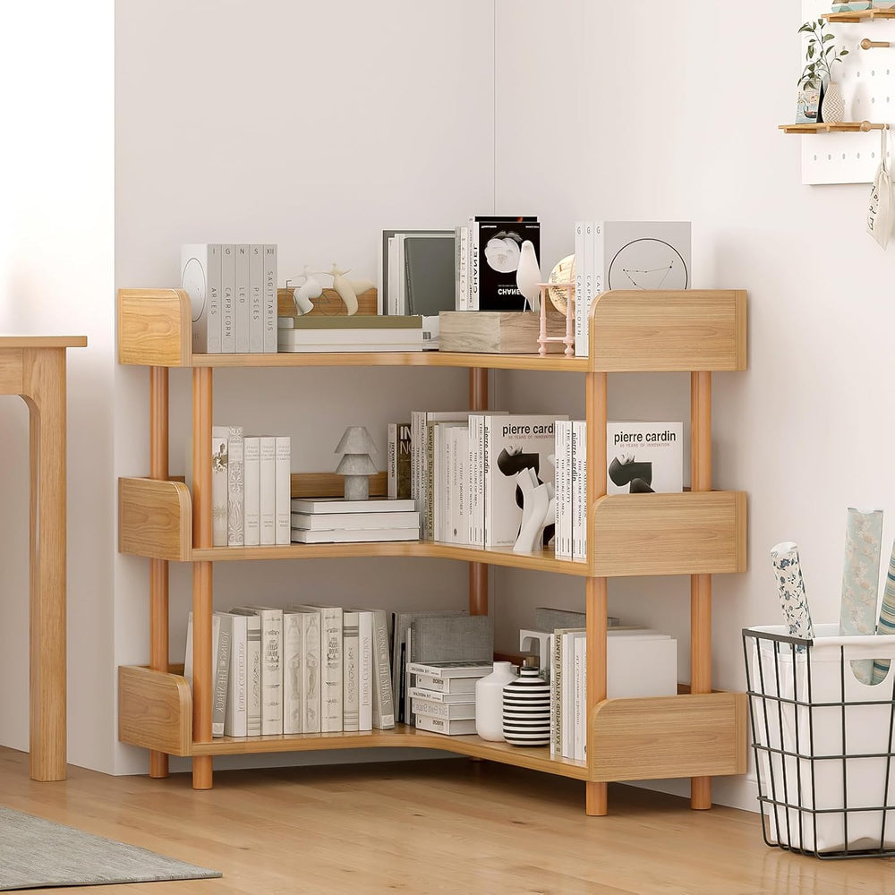 OSCHF 3-Tier Reversible Corner Bookshelf, L-Shaped Shelf, Oak