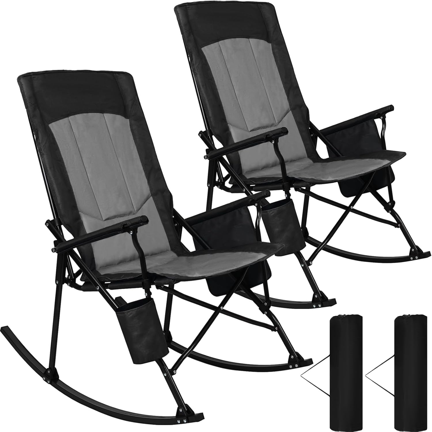 Romswi 2 Pack High Back Portable Rocking Chair with Hard Armrests, Oversized Folding Rocker Camping Chairs for Outdoor, Heavy Duty 400 lbs Patio Lawn Chairs