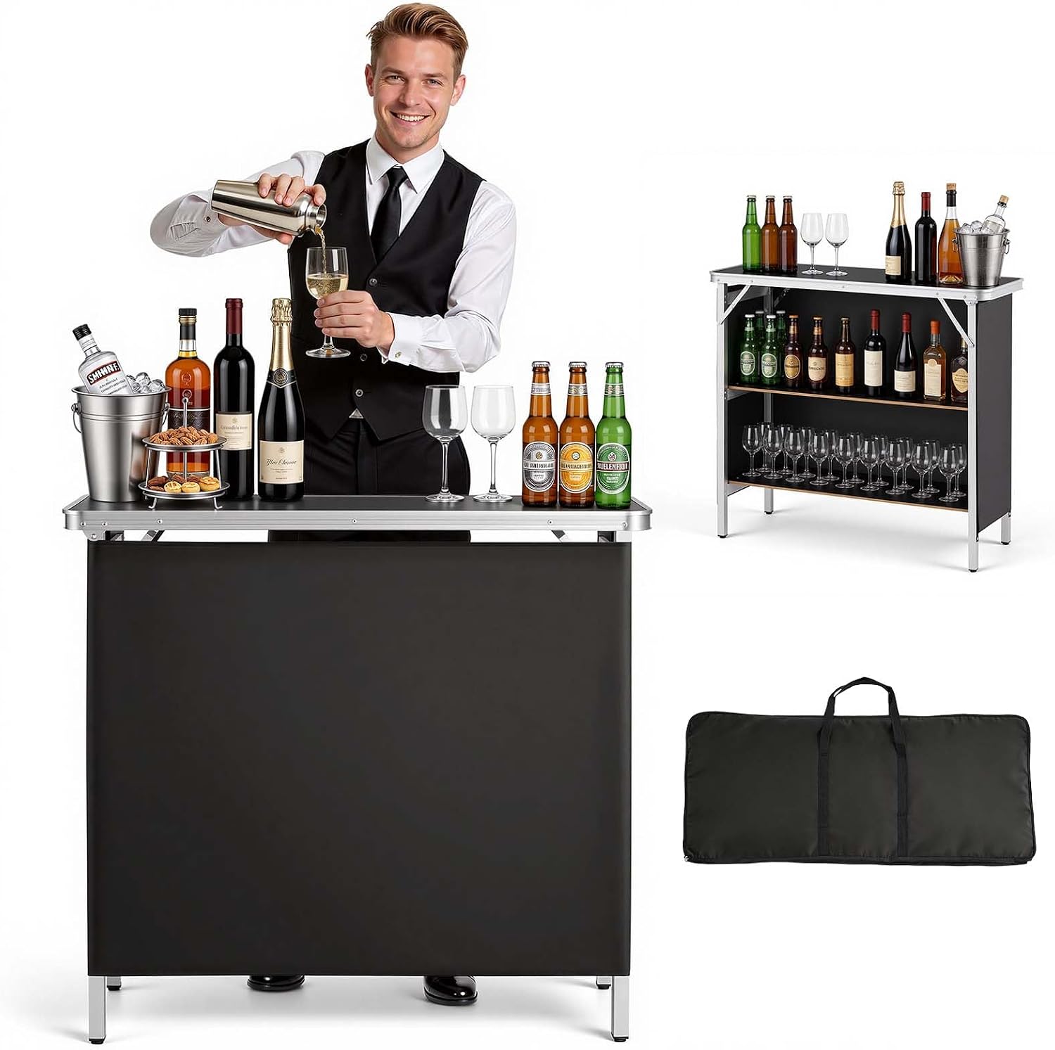 VEVOR Folding Portable Bar Table, 38.6 x 15.2 x 34.3 in, with Carry Bag, Storage Shelf, and Detachable Skirt, Quick and Easy Setup, Foldable Mobile Bartending Station for Events, Party, Tradeshow