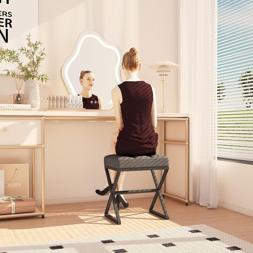 YMYNY Vanity Stool, Linen Footrest, Ottoman Bench with X-Shaped Metal Legs, M...