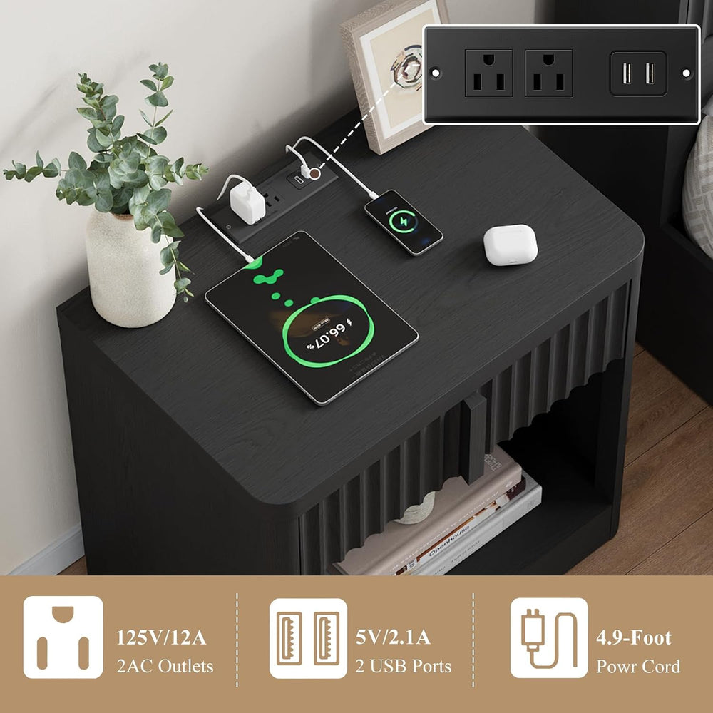 Fluted Nightstand with Charging Station, 23.6" End Table with Solid Wood...