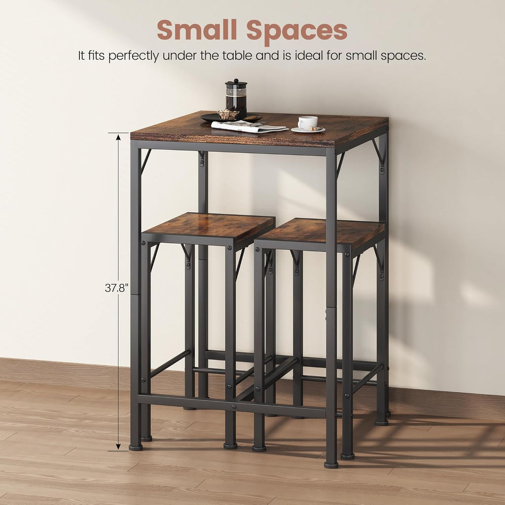 Homeiju Bar Table and Chairs Set, Square Bar Table with 2 Stools, Space-Saving Dining Pub Set for 2, Perfect for Kitchen, Breakfast Nook, Living Room & Small Spaces