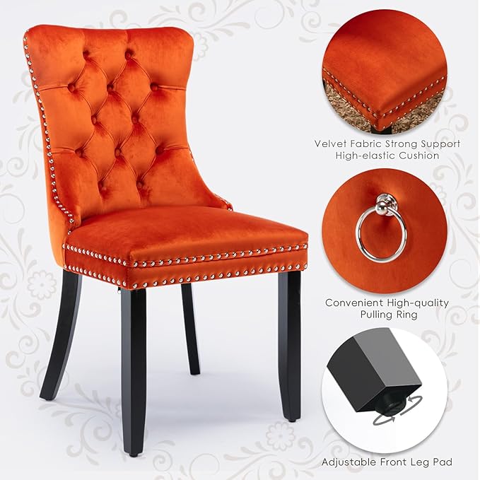 Velvet Upholstered Dining Chairs Set of 4, Modern Style Kitchen Side Chairs with Nailhead Trim and Wood Legs,Metal Pulling Ring for Dining Room Living Room(Orange,Set of 4)