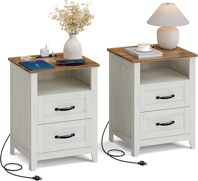 VASAGLE LIRY Collection - Farmhouse Nightstands with Charging Station, Set of...