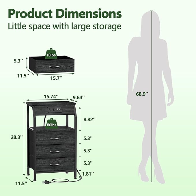 Furnulem Night Stand with Charging Station, 28.3 Inch Tall Side Table with Fa...