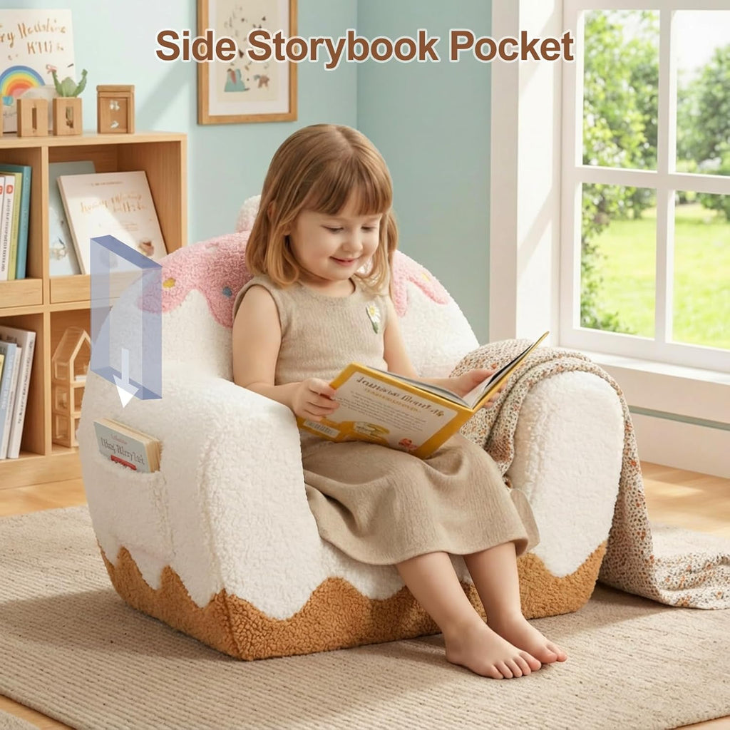 Kids Chair Comfy for Girls 1-6 Years Old, Soft Sherpa Toddler Sofa | Carry Handle, Book Pocket