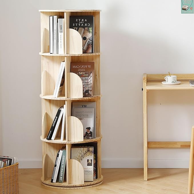 Rotating Bookshelf Tower, 4 Tier 360 Display Spinning Bookshelf, Solid Wood Revolving Bookcase for Kid Adult, Corner Floor Rotating Bookcase for Bedroom, Living Room, Study Room, Small Space