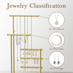 Jewelry Holder Organizer Stand - Adjustable Tall 17.5" (Max), Sturdy Jewelry Hanger for Necklaces, Earrings, Bracelets, Rings, Jewlery Display and Storage, Gold and White, Metal