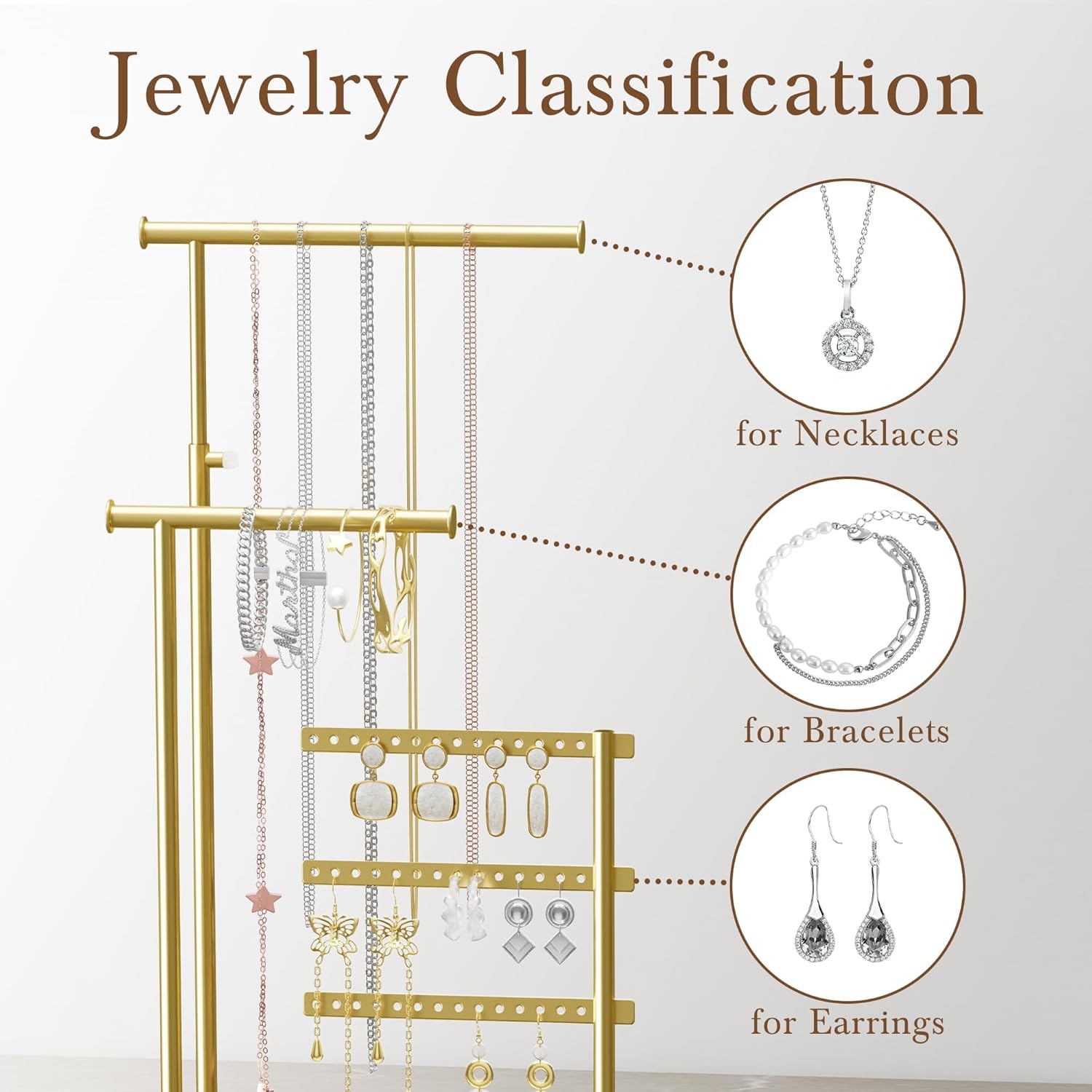 Jewelry Holder Organizer Stand - Adjustable Tall 17.5" (Max), Sturdy Jewelry Hanger for Necklaces, Earrings, Bracelets, Rings, Jewlery Display and Storage, Gold and White, Metal