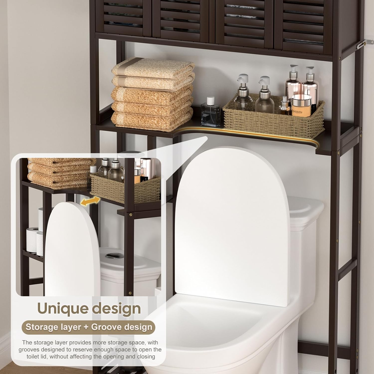 Over The Toilet Storage Cabinet with Paper Holder Stand,Bamboo Bathroom Organizer Shelf with Four Door and Waterproof Feet Pad,Space Saver Rack with Anti-Tip Design (Brown)