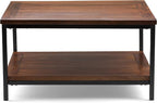 SIMPLIHOME Skyler Square Coffee Table - 34 inch Wide Solid Mango Wood and Metal Living Room Table in Dark Cognac Brown, Industrial Center Table for Family Room with Open Shelf and Black Frame