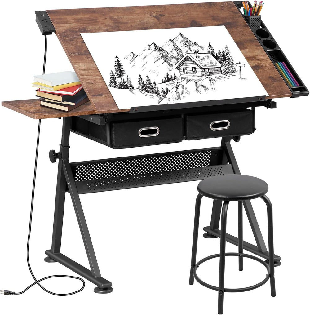 SUPER DEAL Drafting Table Set with Charging Station, Height Adjustable Tiltin...