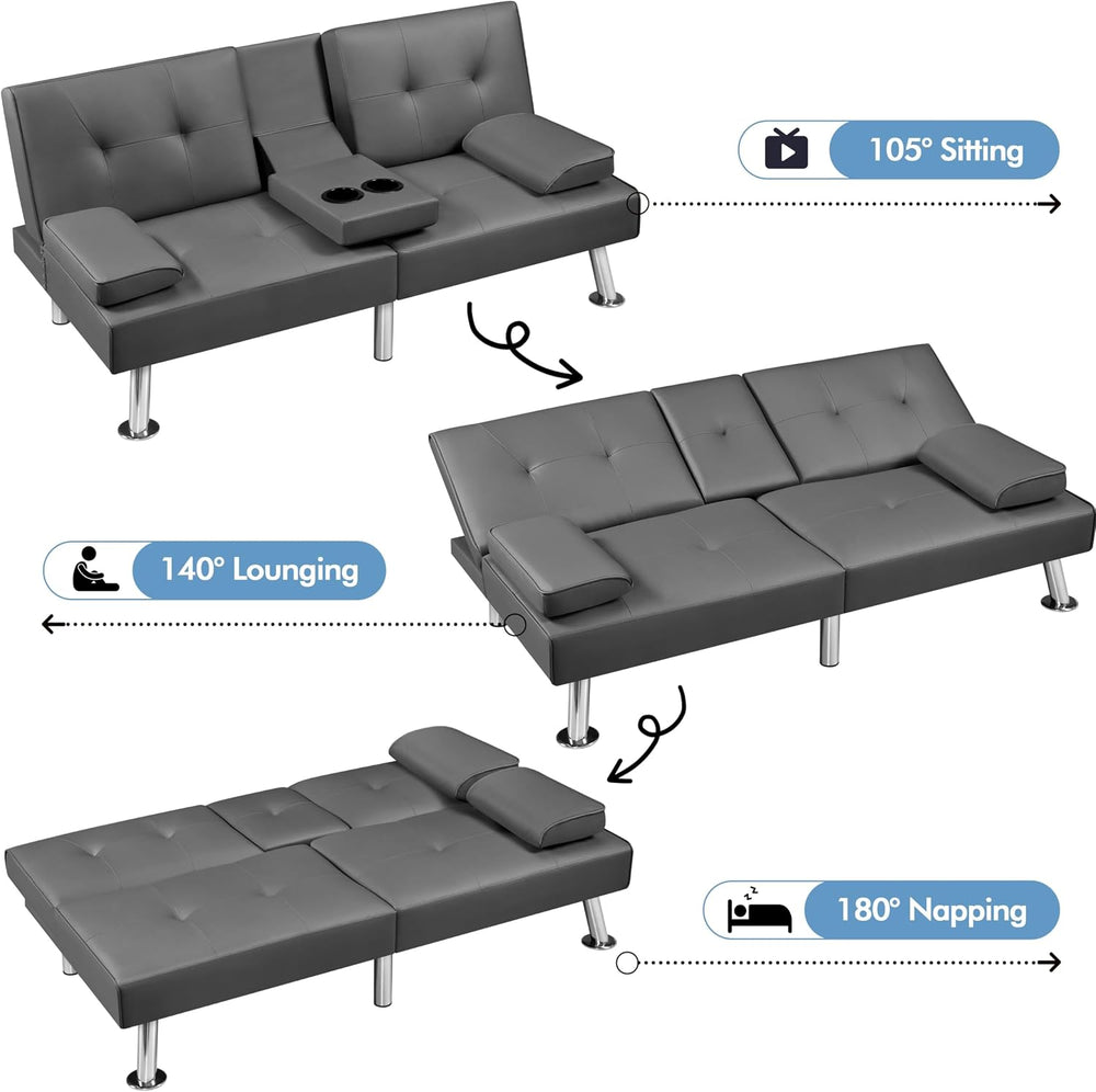 Yaheetech Convertible Futon Sofa Bed Loveseat with Cup Holder, Gray | 3 Angle...