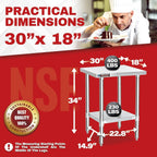 DuraSteel 30x18 Stainless Steel Work Table - NSF Commercial Prep Metal Table - Outdoor Pizza Oven Stand w/Under Shelf - Kitchen Island Laundry Utility Garage Microwave Stand Large Rolling Storage Cart