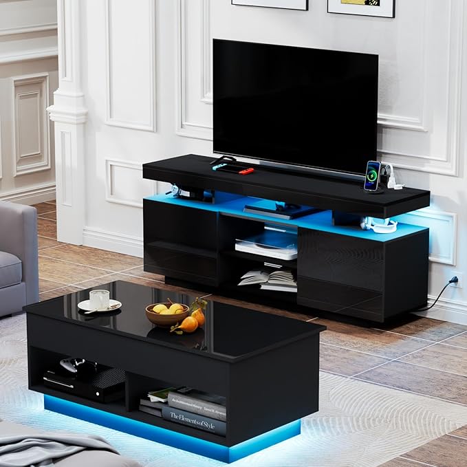 HOMMPA Modern LED TV Stand for 55/50/43/40/32 inch TVs with Power Outlets, Gaming Entertainment Center with Storage Media Table TV Consoles for Living Room, Black