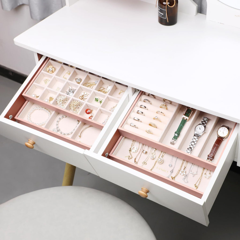 LANDICI Stackable Jewelry Organizer Trays 4 Set,PU Leather Jewelry Organizer Drawer,Jewelry Storage Display Tray for Earring Necklace Rings Bracelet with Removable Dividers,Pink