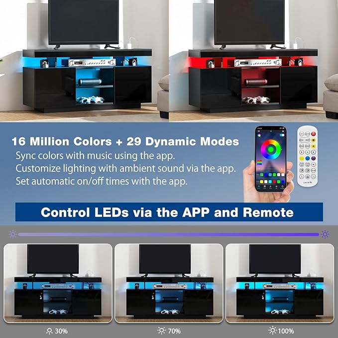 HOMMPA Modern LED TV Stand for 55/50/43/40/32 inch TVs with Power Outlets, Gaming Entertainment Center with Storage Media Table TV Consoles for Living Room, Black