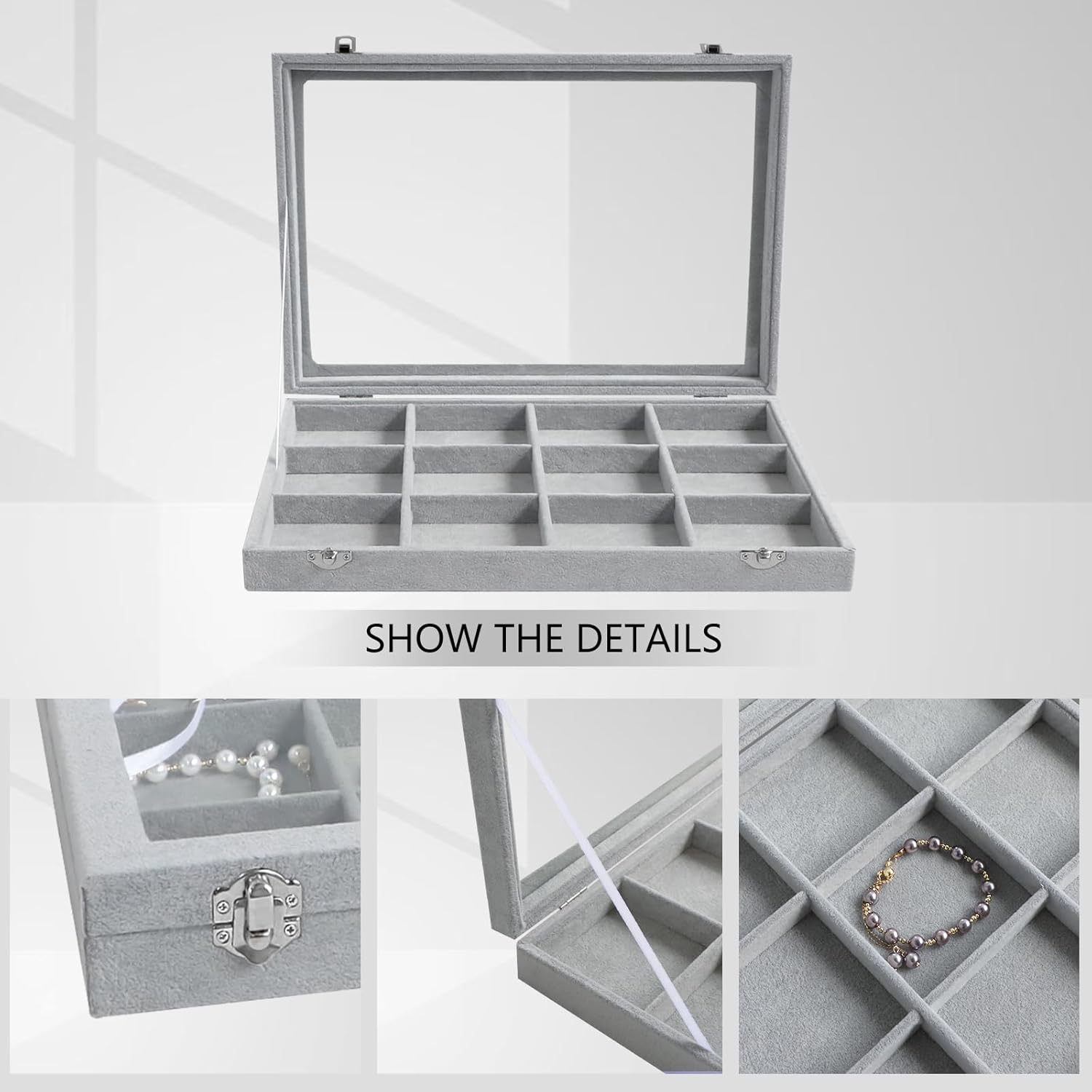 Wudygirl 12 Grid Jewelry Organizer Velvet Jewelry Tray with Clear Lid Jewelry Box Bracelet Holder Display Case Storage Bracelets Rings Earrings Organizer (12 Grid)