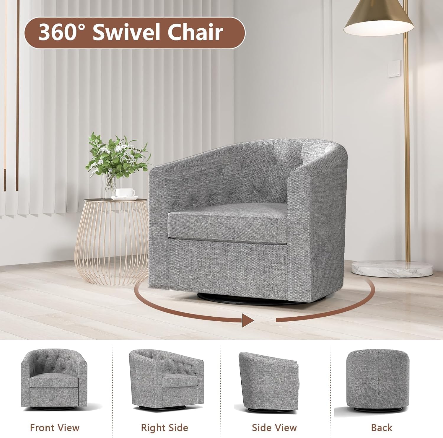 Simore Swivel Accent Chair for Living Room, Breathable Fabric Round Swivel Barrel Chair Armchair for Nursery Office Bedroom, Dark Gray