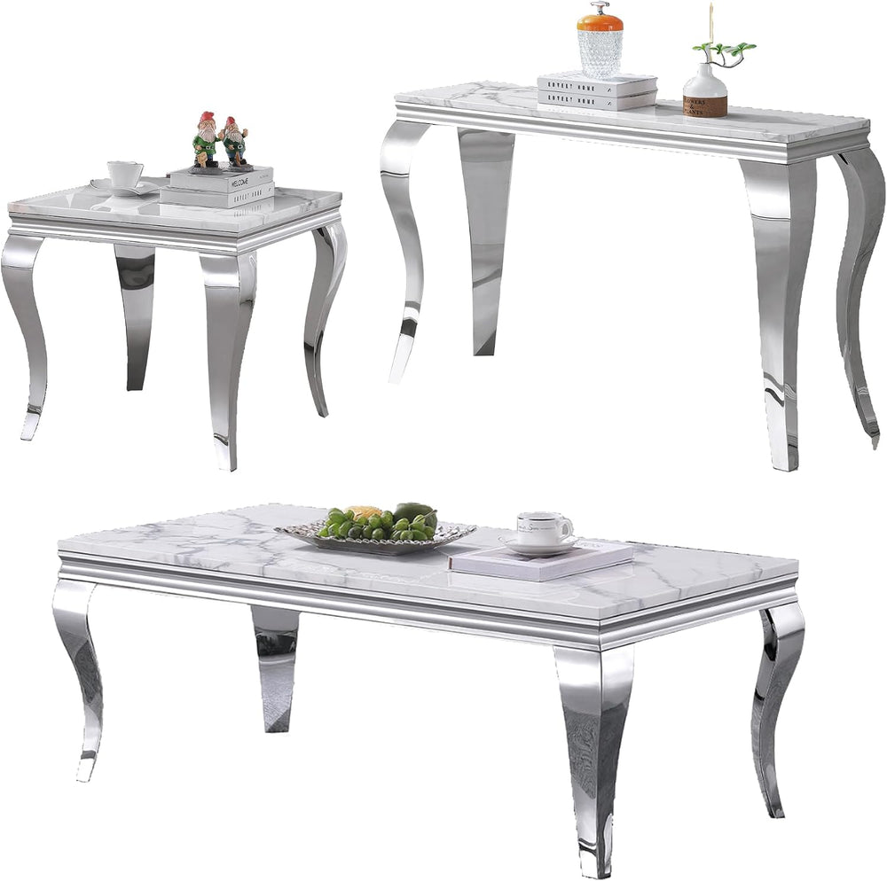 3 Piece Living Room Table Set, White Marble Coffee Table Set of 3, Modern Con...
