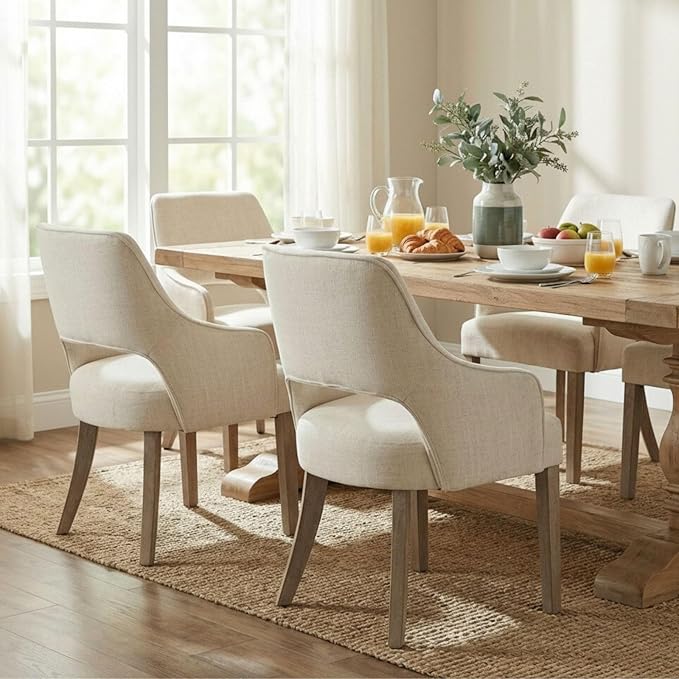Linen Dining Chairs Set of 4 Upholstered Accent Chairs Side Chair with Wood Legs for Living Room/Dining Room/Bedroom/Restaurant, Upgraded Size, Cream