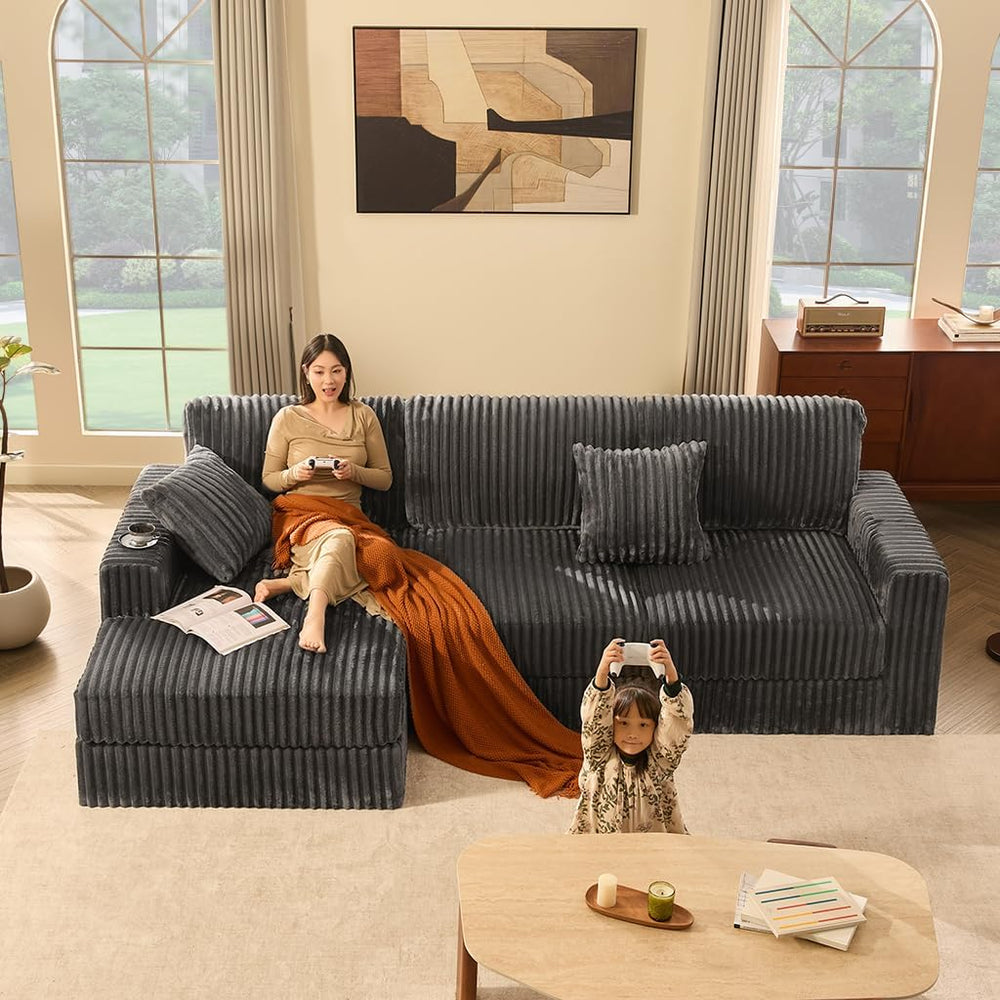 GOSUHI 113" L-Shaped Cloud Couch, Modular Sectional, Deep Seats, Grey | ...