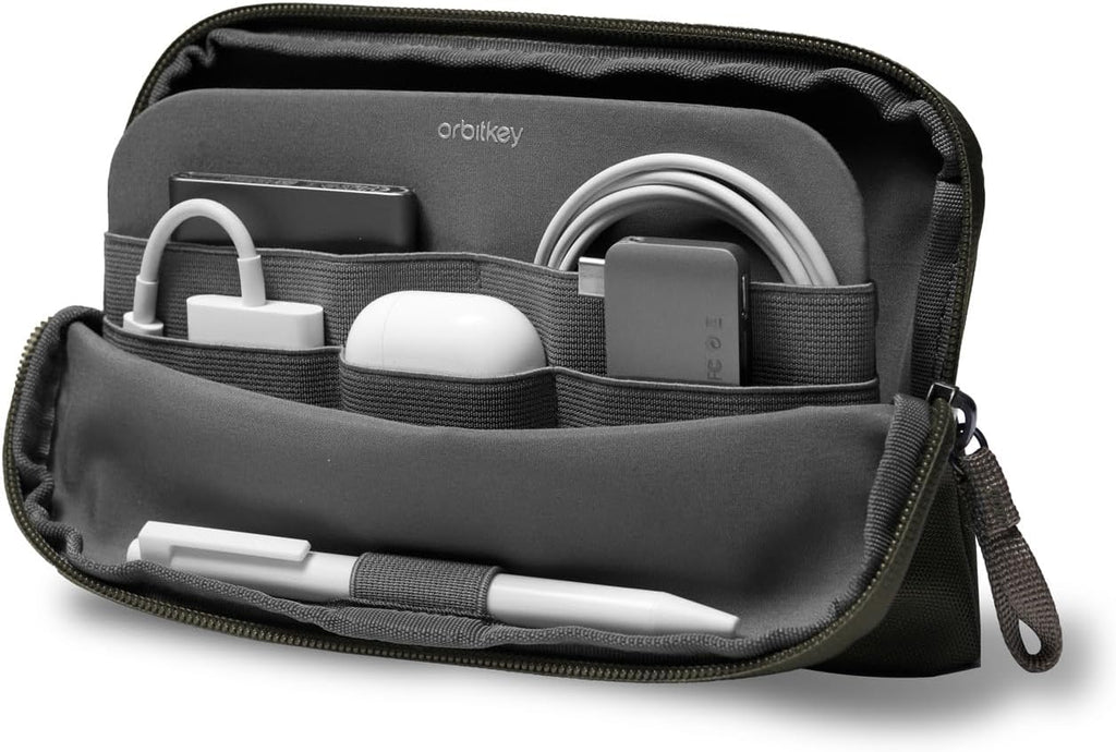 Olive Expandable Desk Storage Pouch – Fold-Down Access Panel, Pen Loop, Recycled Water-Resistant Material – Self-Standing Organizer for Office, Travel, Tech Gear