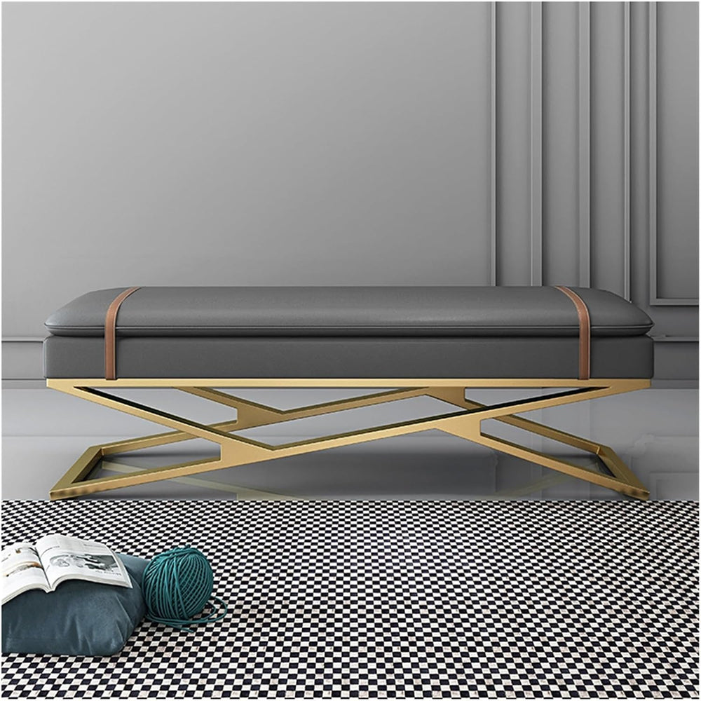 Modern Modern Entryway Bench Leather Upholstered Dining with Metal Base, Padd...