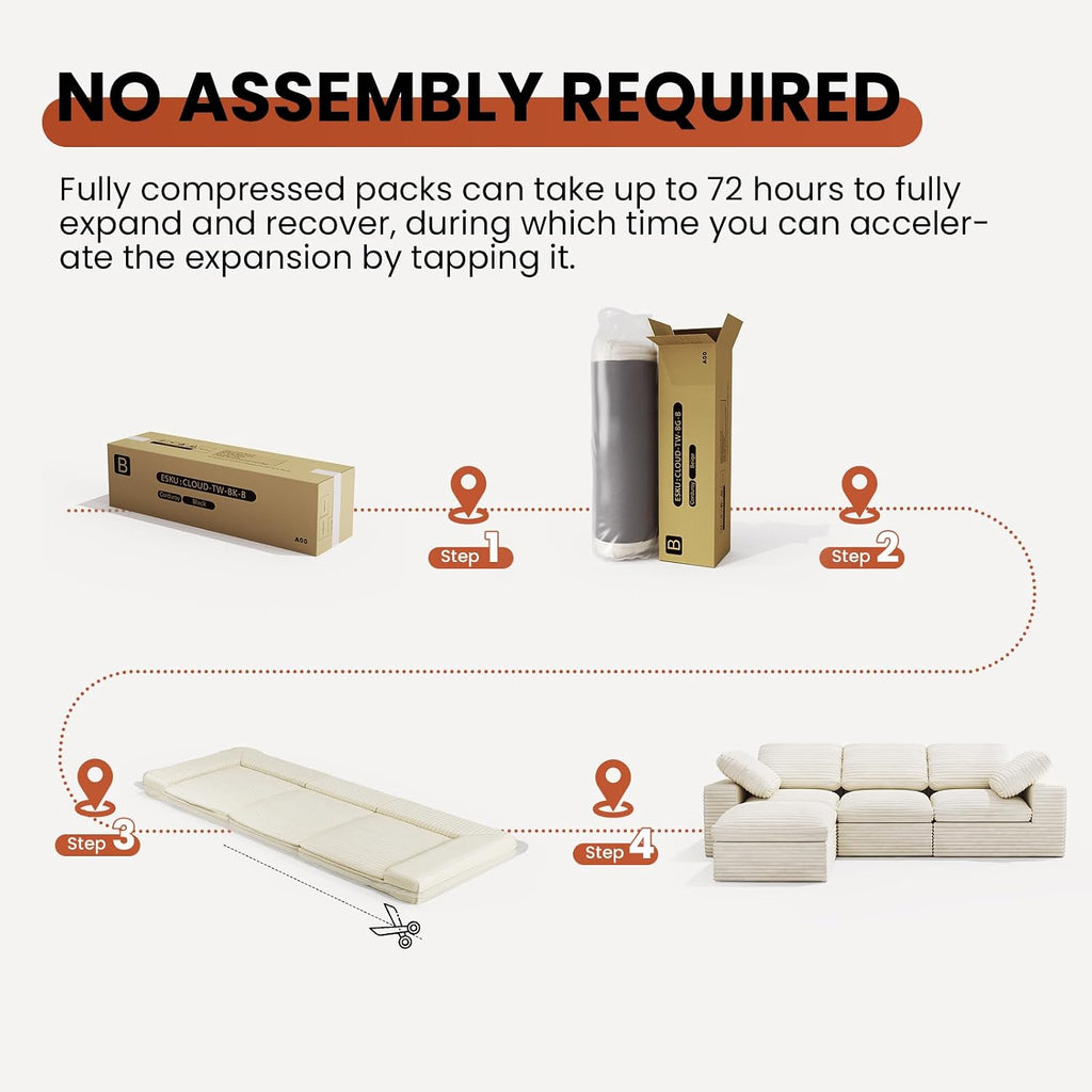 KKL 118" Modular Sectional Sofa, Cloud Sectional Couch L-Shaped with Ottoman, Corduroy Boneless Couch for Living Room Bedroom, Deep-Seat Upholstered Modular Cloud Sofa, No Assembly Required, Beige