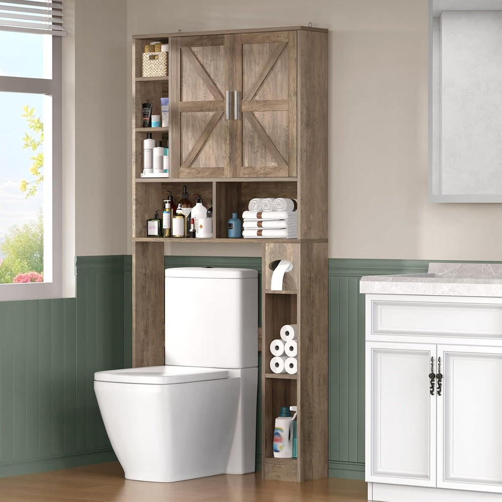 Winkalon Over The Toilet Storage Cabinet with 2 Barn Doors and Adjustable Shelves, Freestanding Toilet Shelf Organizer with Toilet Paper Holder, Space Saver for Bathroom, Restroom, Laundry (Wood)
