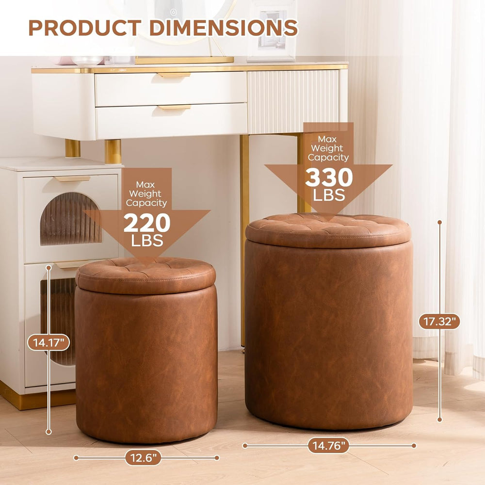 Round Ottoman with Storage Set of 2, 12.6"W x 14.17"H & 14.76&q...