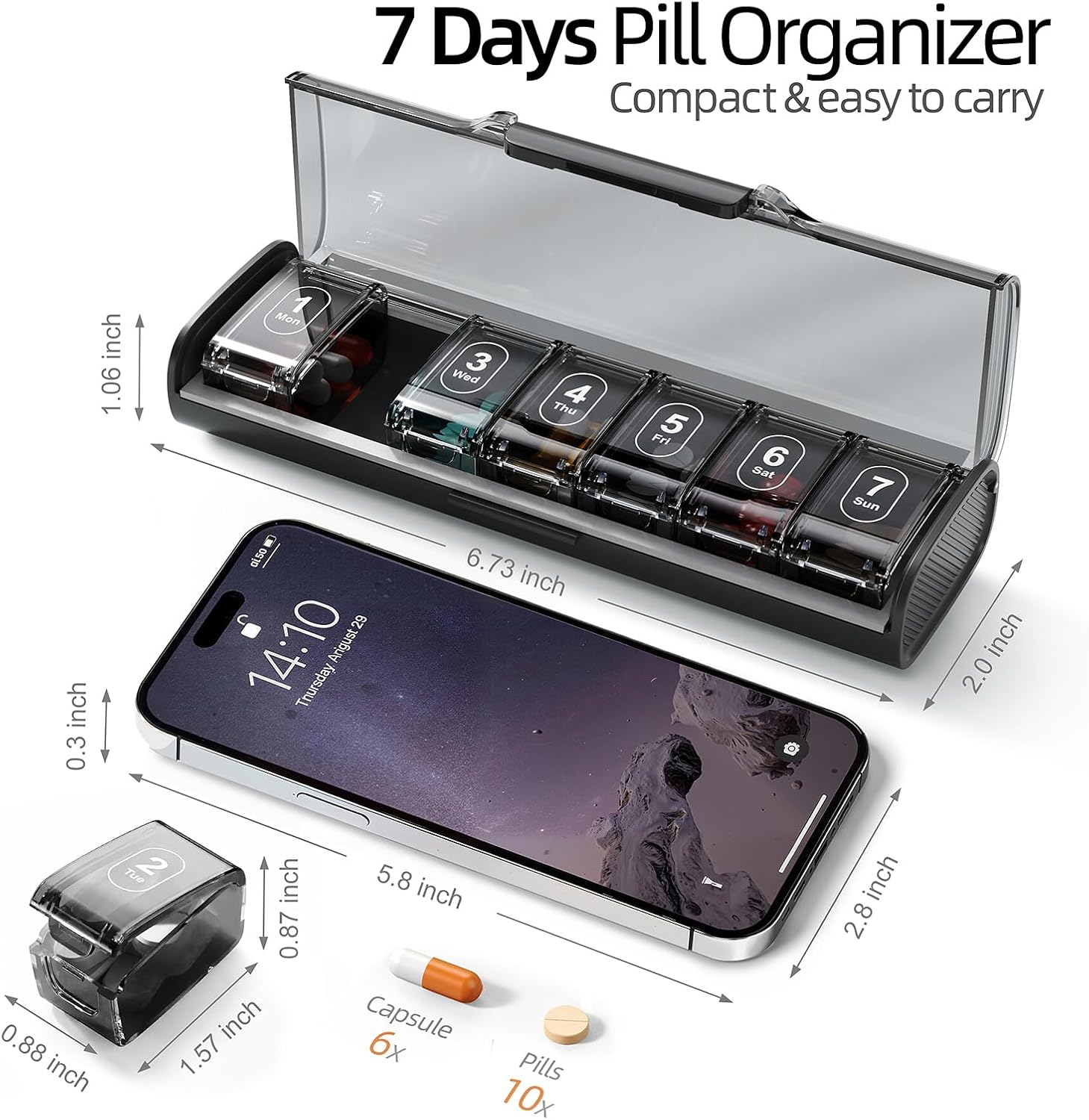 Weekly Pill Organizer,Portable 7 Day Pill Box,Moisture Proof Medicine Pill Organizer,Travel Pill Case with BPA-Free Material,Pocket-Size for Supplements & Vitamins (Black)