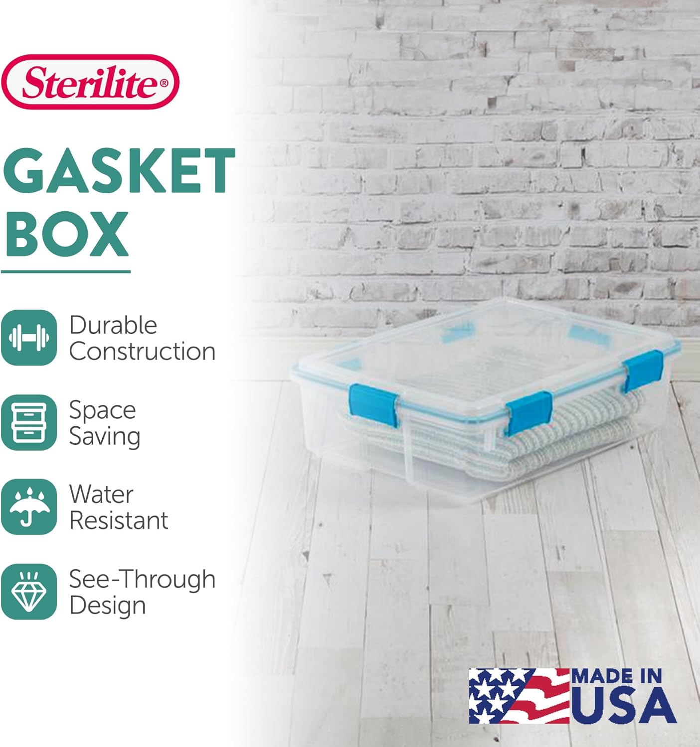 Sterilite 12-Pack Gasket Box, Weather-Resistant Storage Bins with Latching Lids, 37 Quart - Heavy-Duty Organizing Containers for Closet, Bathroom, and Office