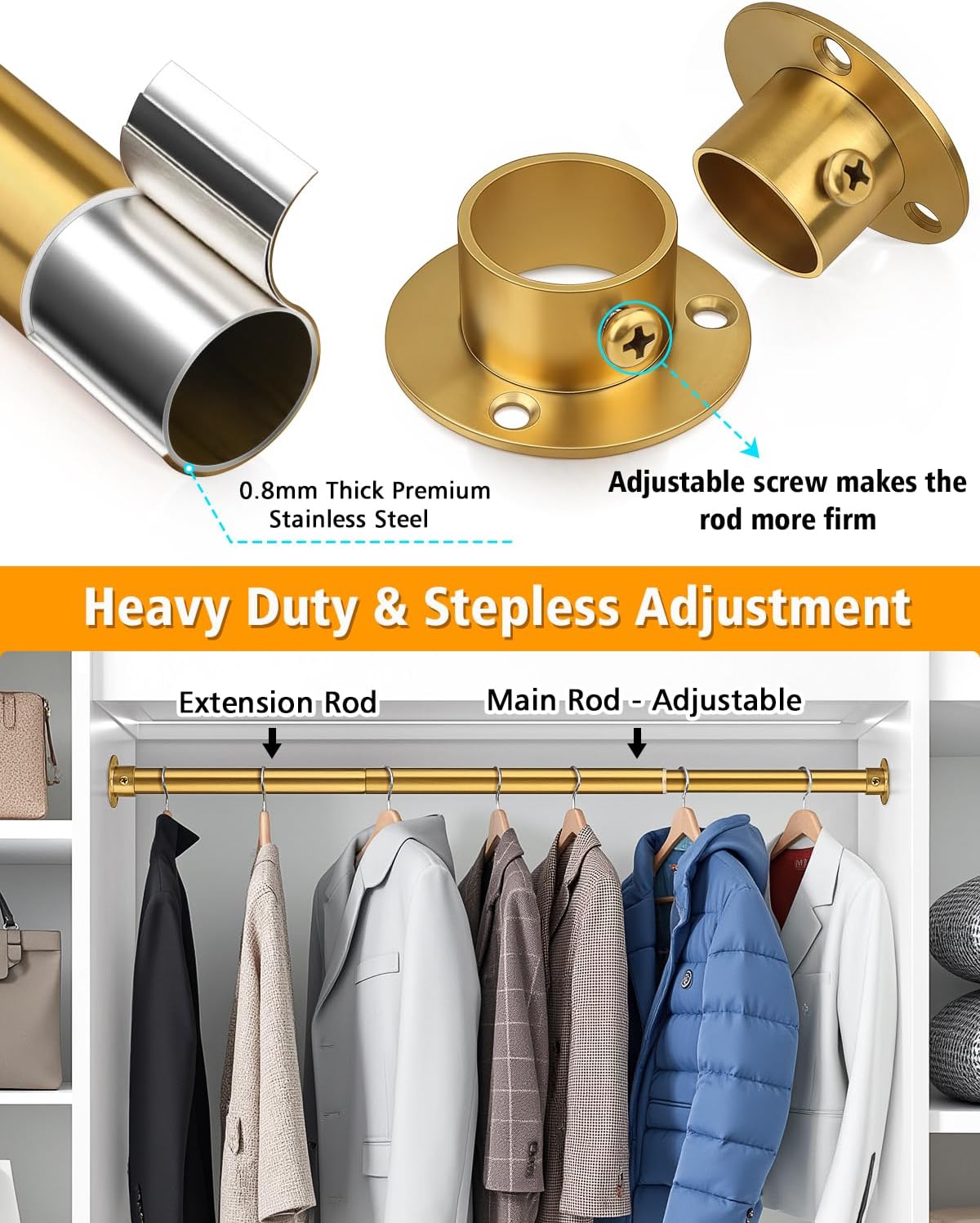 Closet Rods for Hanging Clothes, 17-64 Inch Heavy Duty and Stepless Adjustable Closet Poles, Stainless Steel Closet Hanging Rod for Closet, Wardrobes, Laundry Room, Bathroom, RV (Gold)