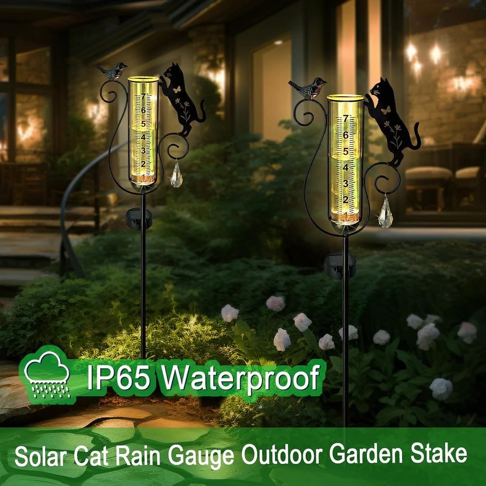 Rain Gauge Outdoor Decorative,Metal Black Cat Solar Lights Outdoor Garden