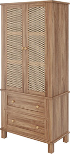 Kitchen Pantry Storage Cabinet, Kitchen Storage Cabinets with Rattan Doors and 2 Drawers, Pantry Cabinet with Adjustable Shelf, Adjustable Shelves for Dining Living Room