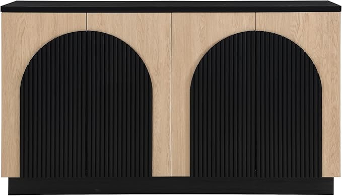 Yechen Fluted TV Stand with Arched Reeded Design Doors, Modern Entertainment Center with Storage for Up to 98 Inch, TV Media Console, TV Cabinet for Living Room, Bedroom/Black/Natural(2 PCS)