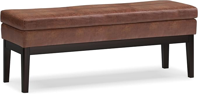 SIMPLIHOME Carlson Ottoman Bench in Distressed Saddle Solid Hardwood Frame with Vegan Faux Leather Upholstery, Vintage-Inspired Seating for Living Room, 44.5" Wide, Brown