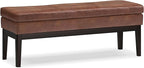 SIMPLIHOME Carlson Ottoman Bench in Distressed Saddle Solid Hardwood Frame with Vegan Faux Leather Upholstery, Vintage-Inspired Seating for Living Room, 44.5" Wide, Brown