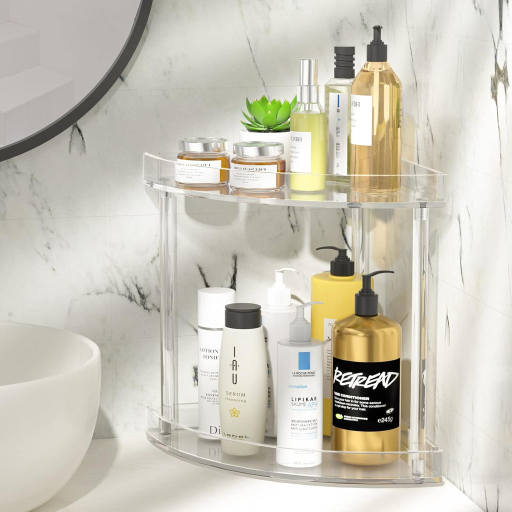 NPPLUS 2 Tier Acrylic Bathroom Counter Organizer, Clear Bathroom Countertop Corner Organizer, 2-Tier Corner Storage Shelf Vanity Trays, Home Storage Holder for Makeup Cosmetics Perfume Organizer