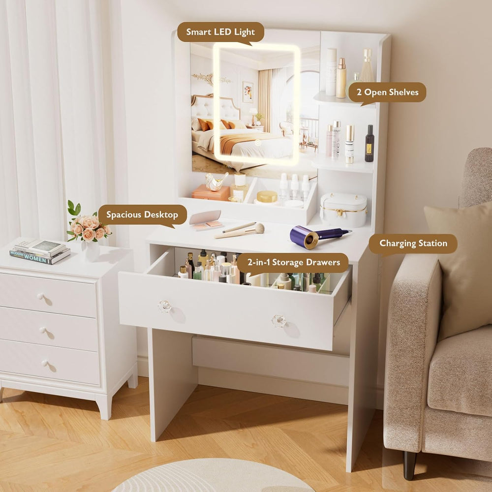 Korfile 24" White Small Vanity Desk with Lighted Mirror & Power Outl...