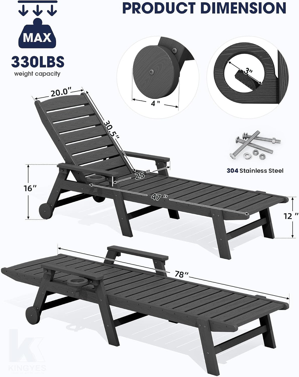 KINGYES HDPE Lounge Chair Outdoor Set of 2, All Weather Pool Lounger | 5 Position Adjustable Backrest Patio Chaise Lounge with Cup Holder for Outside, Gray