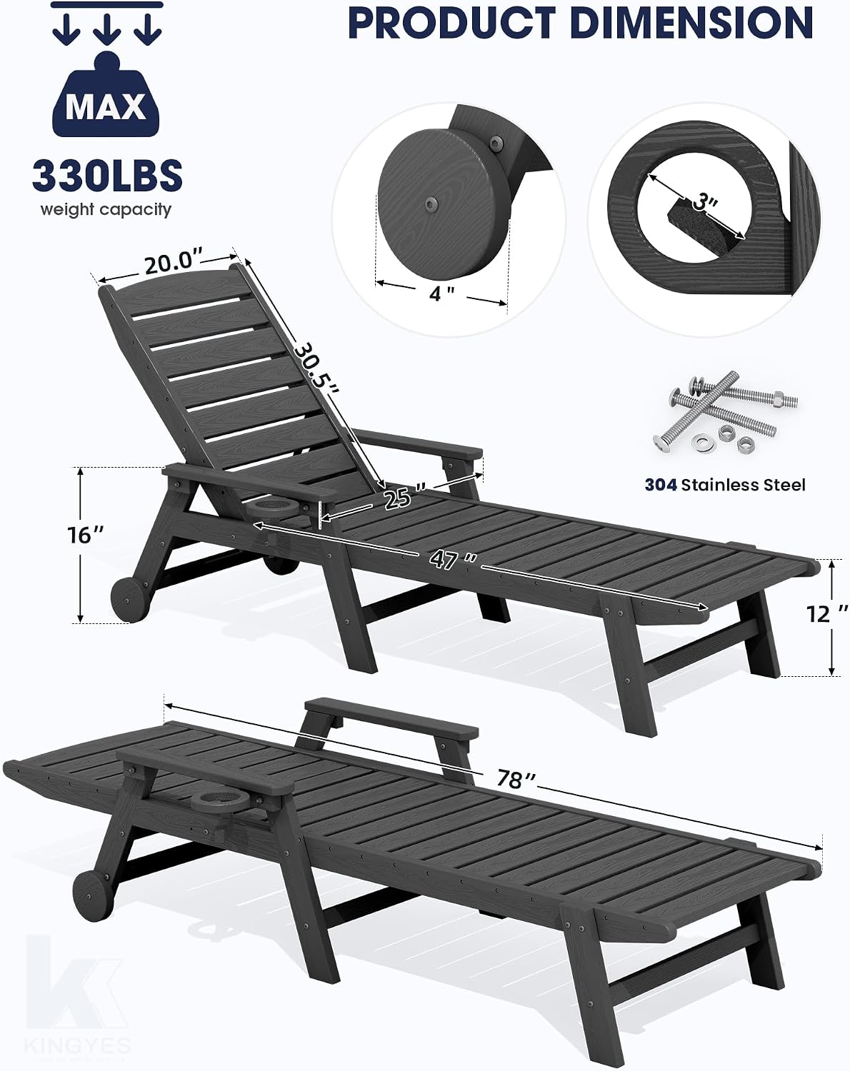 KINGYES HDPE Lounge Chair Outdoor Set of 2, All Weather Pool Lounger | 5 Position Adjustable Backrest Patio Chaise Lounge with Cup Holder for Outside, Gray