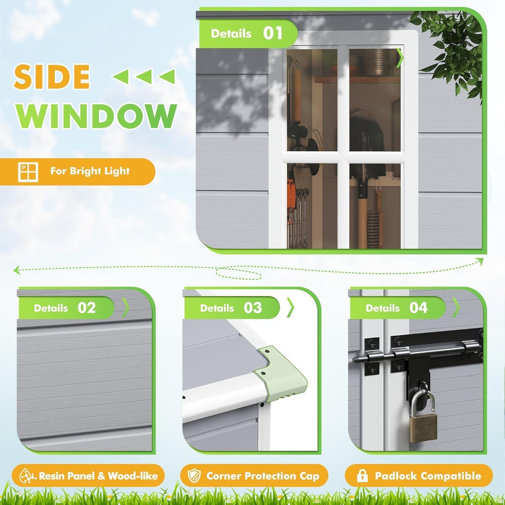 Devoko 6x4FT Outdoor Storage Shed with Lockable Door, Waterproof Plastic Resin Garden Shed Tool with Floor for Backyard, Patio, Lawn, Pool Supplies (Grey)