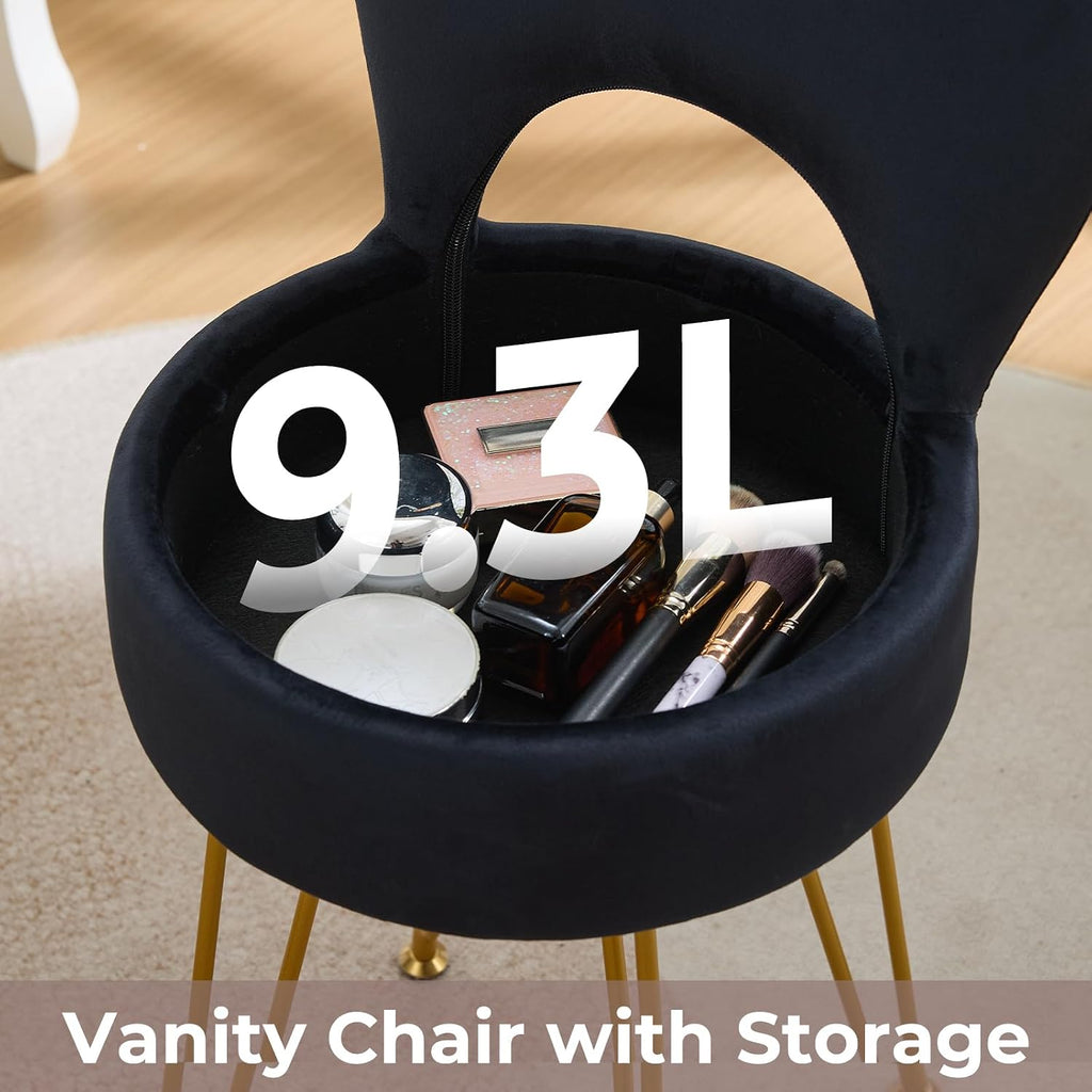 Velvet Black Small Vanity Chair & Stool - 13" Dx13 W Folding Back Storage Ottoman, Anti-Slip Golden V-Leg for Bedroom Makeup Room