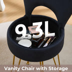 Velvet Black Small Vanity Chair & Stool - 13" Dx13 W Folding Back Storage Ottoman, Anti-Slip Golden V-Leg for Bedroom Makeup Room