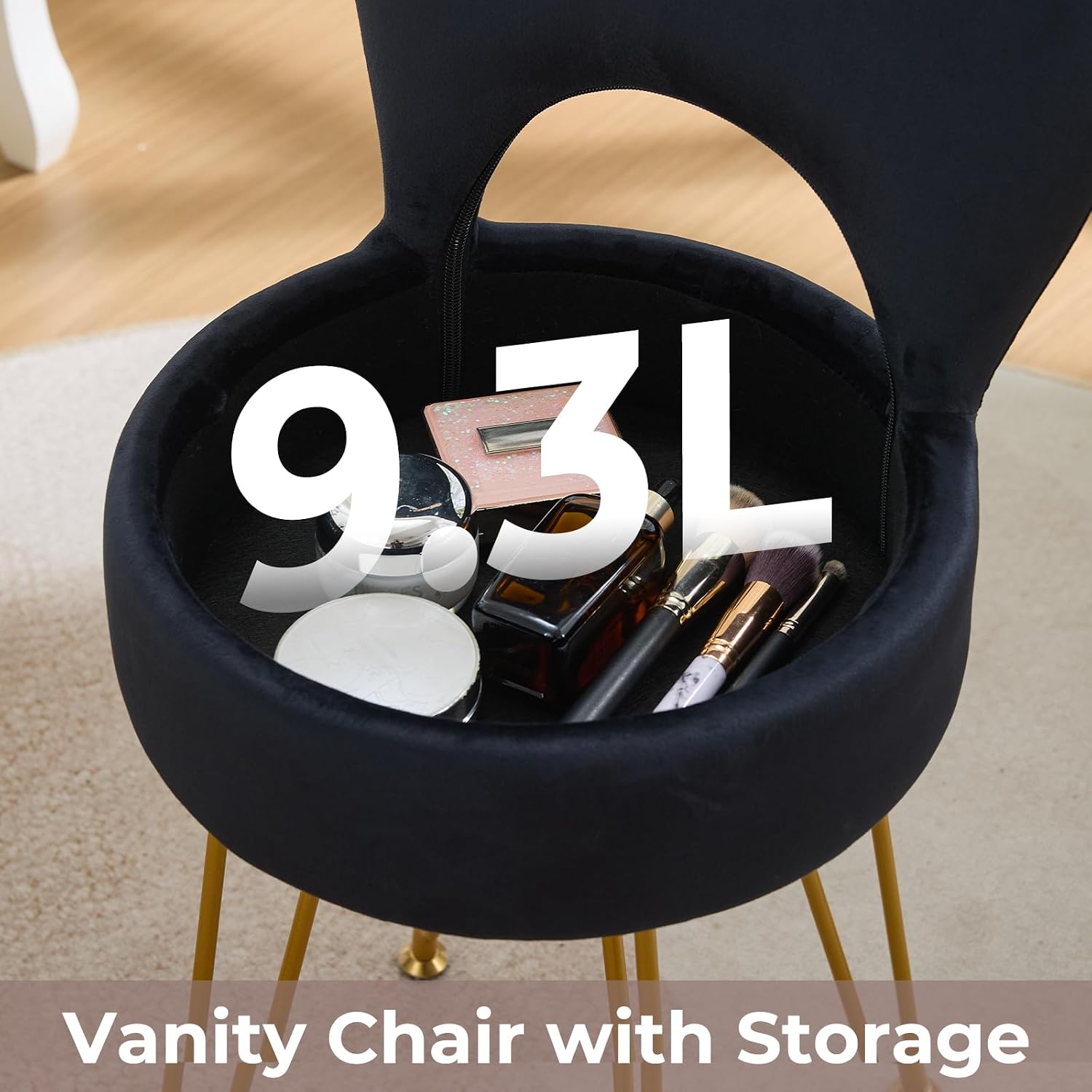 Velvet Black Small Vanity Chair & Stool - 13" Dx13 W Folding Back Storage Ottoman, Anti-Slip Golden V-Leg for Bedroom Makeup Room